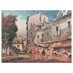 French Modernist Cubist Painting Figures in a Small Town