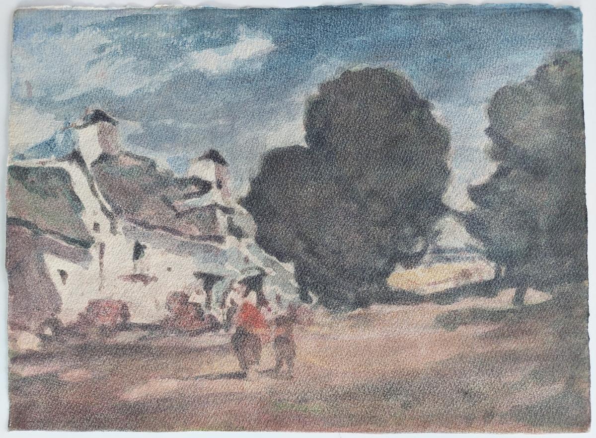 Figures in a Village
by Maurice Mazeilie (French, 1924-2021)
watercolor painting on artist paper, unframed
unsigned
stamped verso
Gentle composition of a rural village scene with figures by a house, Mazeilie's favoured use of red for a figure