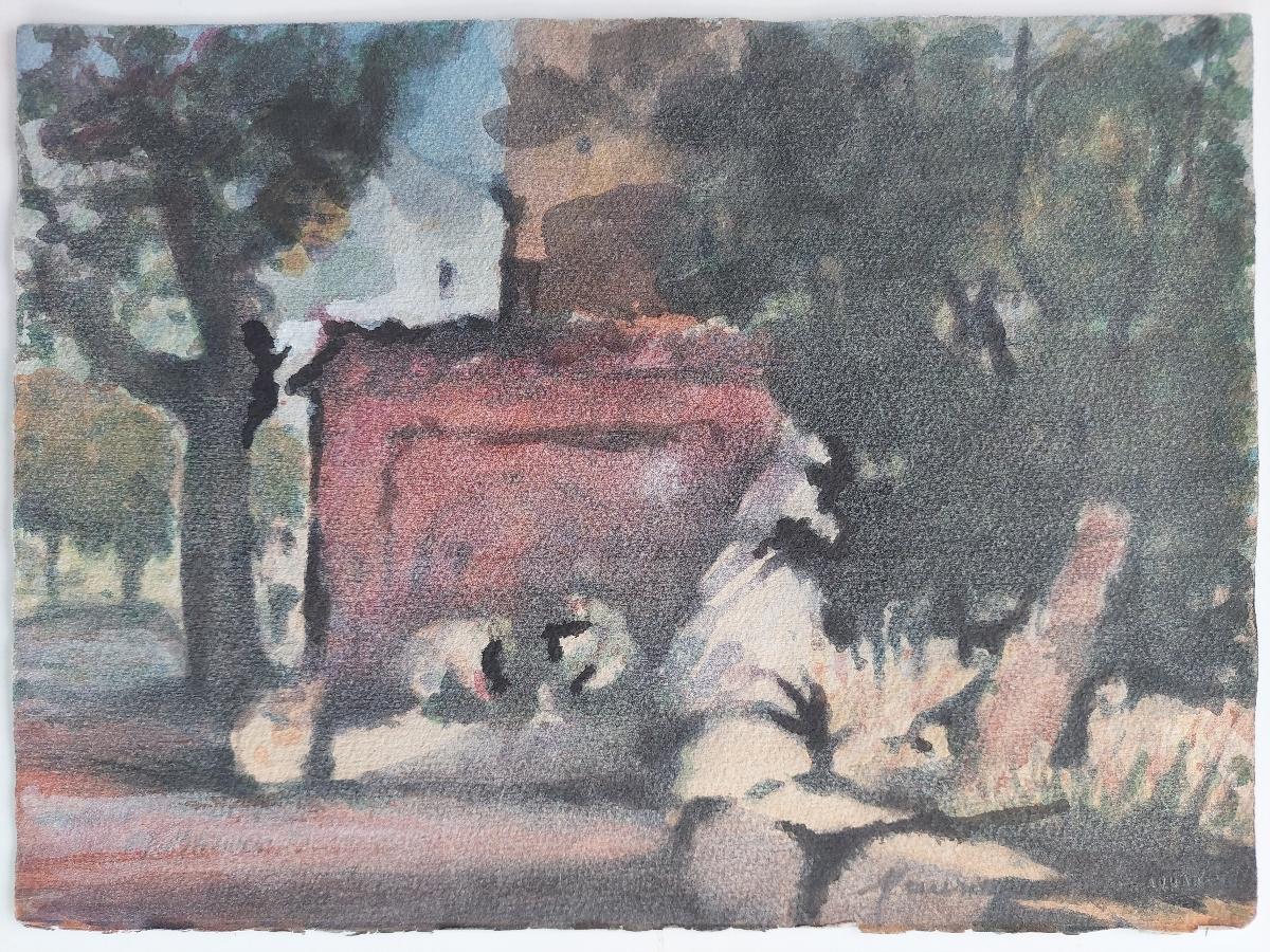 Figures à l'ombre des arbres
par Maurice Mazeilie (français, 1924-2021)
peinture à l'eau sur papier d'artiste, non encadrée
signé en bas à droite et en bas à gauche
estampillé au verso
Image robuste de personnages accroupis pour travailler à l'ombre