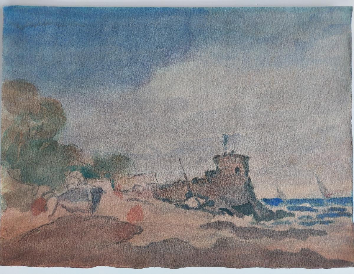 Fishing boats by Coastal Fortification
by Maurice Mazeilie (French, 1924-2021)
watercolor painting on artist paper, unframed
unsigned
stamped verso
Gentle composition of a coastal scene in Northern France. 

painting: 14.75 inches x 10.9