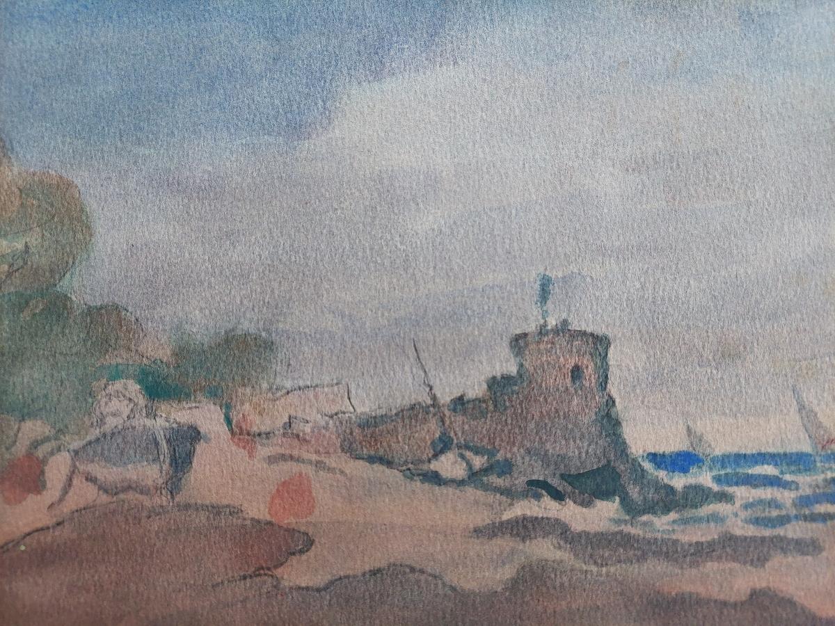 20ième siècle Peinture cubiste française moderniste représentant des bateaux de pêche par la fortification côtière en vente