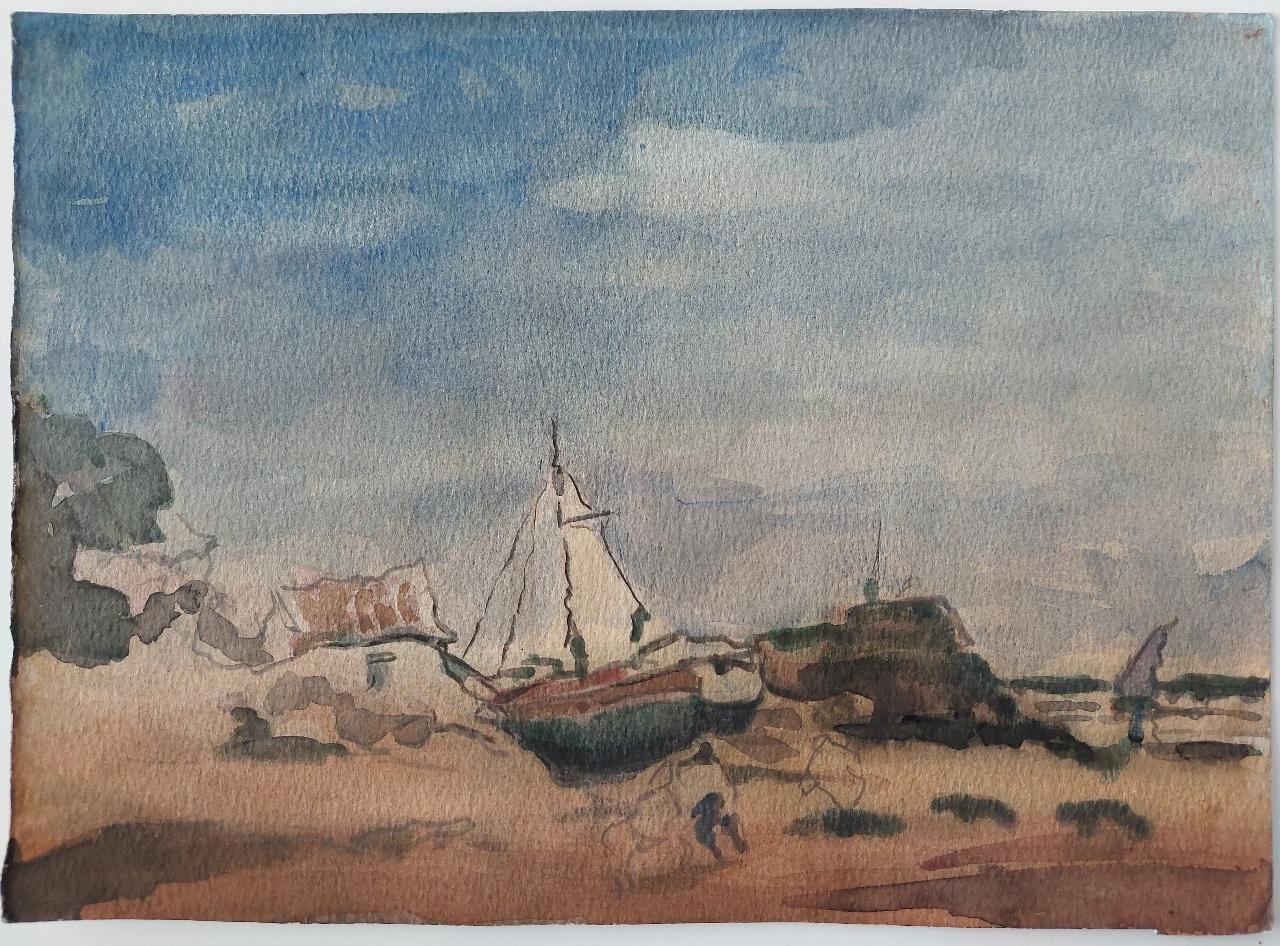 Fishing Boats on Rocky Coast
by Maurice Mazeilie (French, 1924-2021)
watercolor painting on artist paper, unframed
unsigned
stamped verso
one figure in foreground with two further figures unfinished in pencil

painting: 14.5 inches x 10.5
