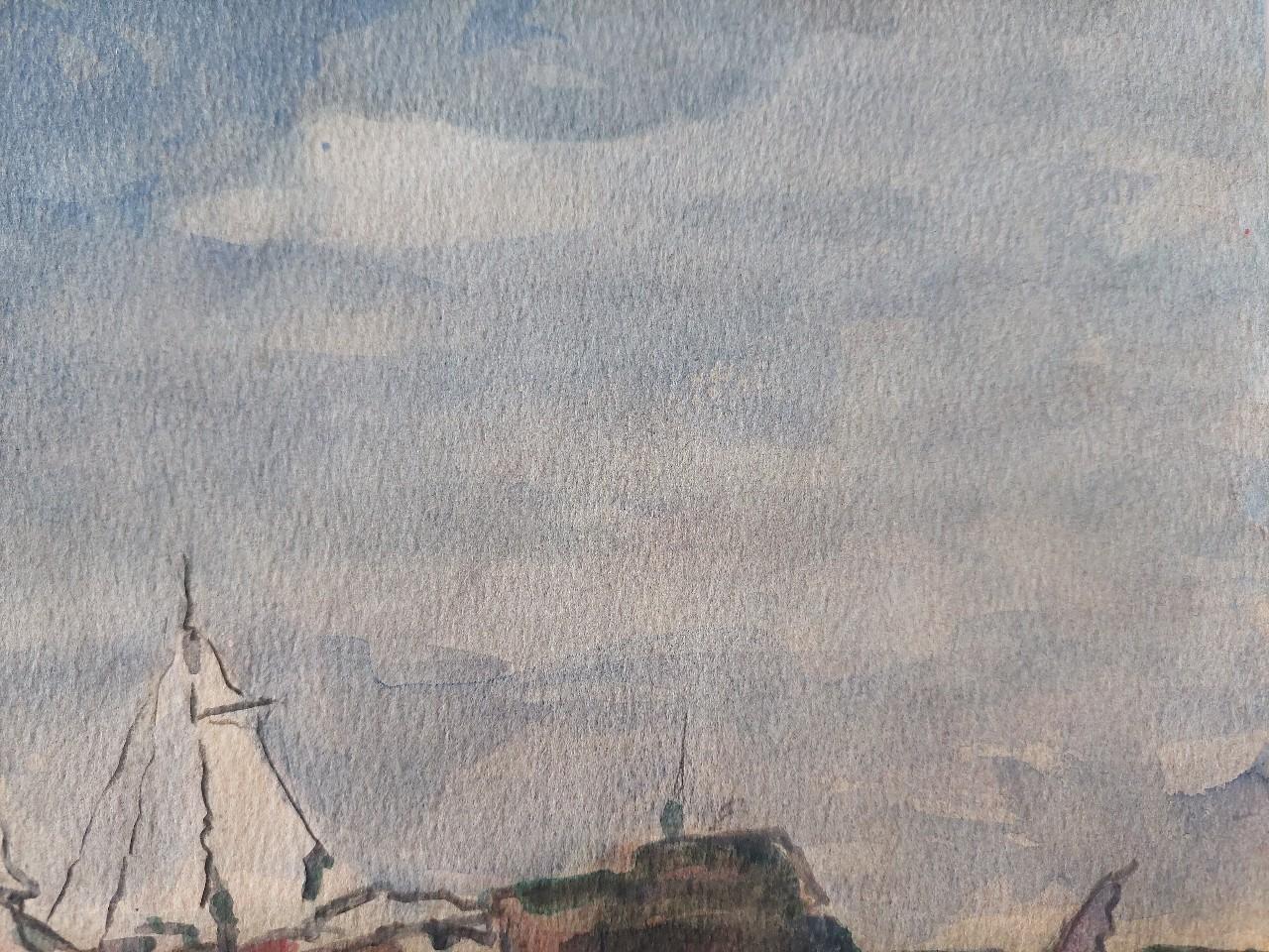 XX secolo Pittura cubista modernista francese Barche da pesca sulla costa rocciosa in vendita