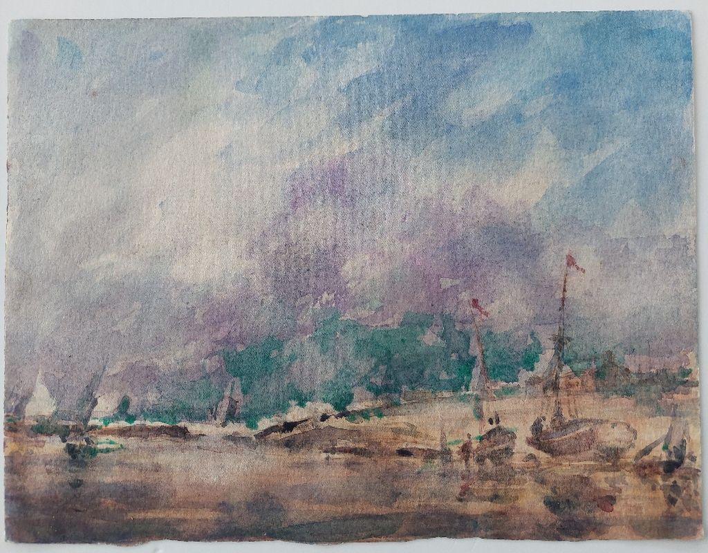Fishing Boats on the beach
by Maurice Mazeilie (French, 1924-2021)
Watercolor painting on artist paper, unframed
unsigned
Stamped verso
Double sided with street scene verso

Measures: Painting: 14 inches x 9.75 inches

A delightful original