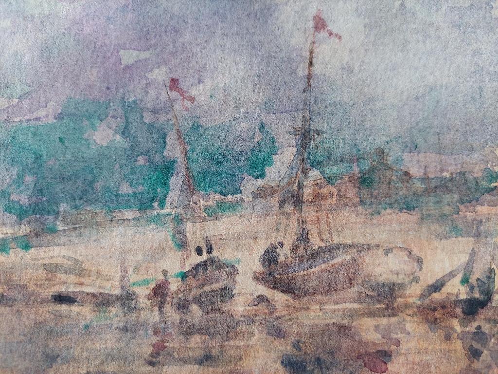 Peinture cubiste française moderniste représentant des bateaux de pêche sur la plage Bon état - En vente à Cirencester, GB
