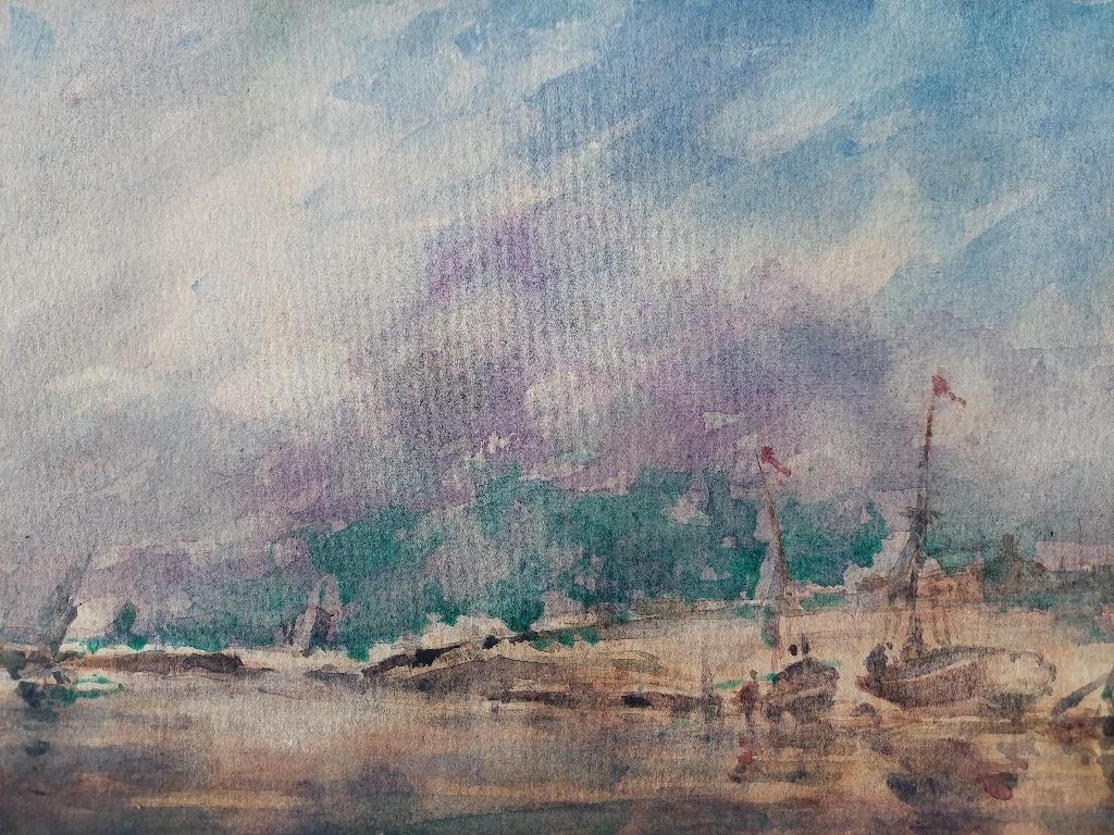 French Modernist Cubist Painting Fishing Boats on the Beach For Sale 4
