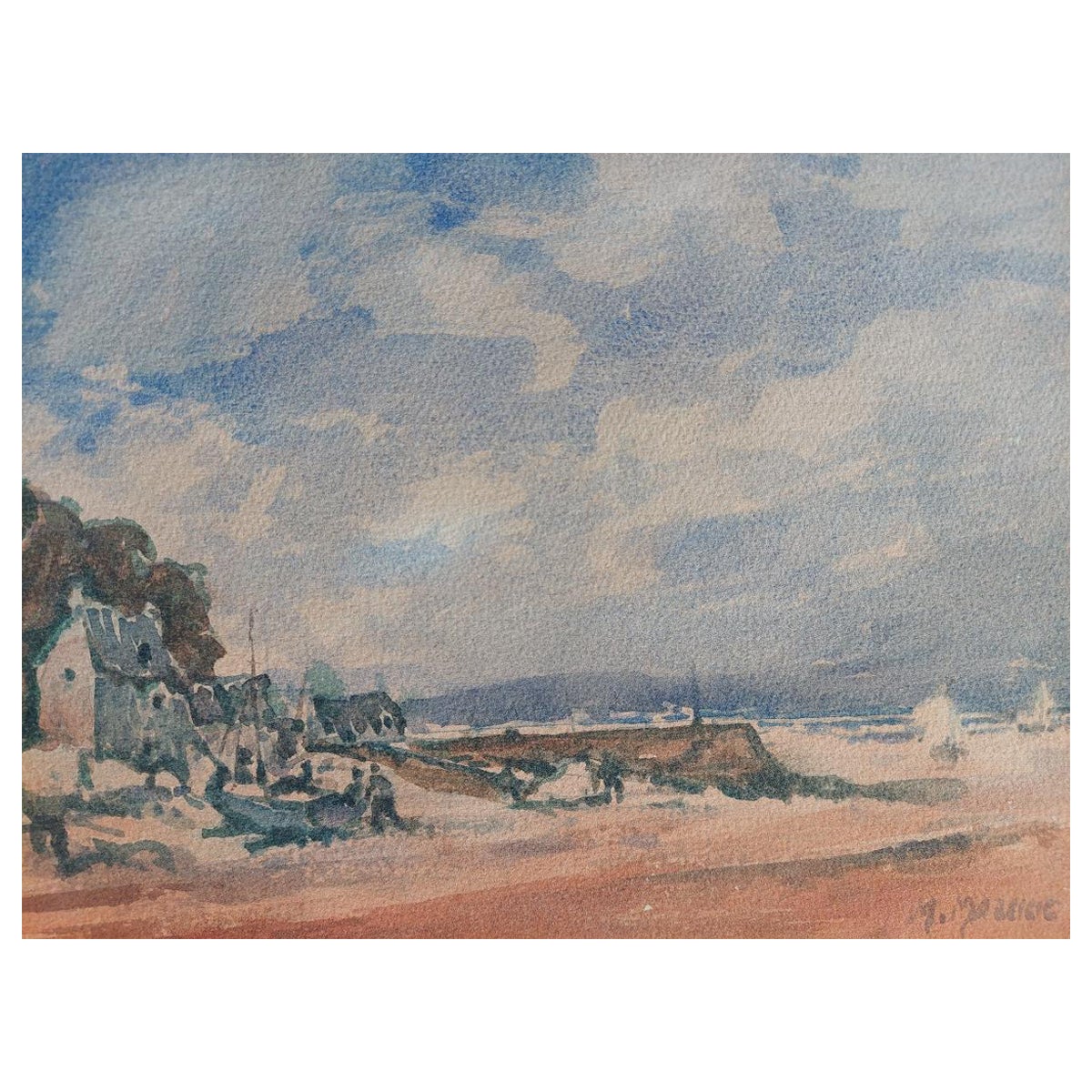 Kubistisches Gemälde der Französischen Moderne, Fischenboote an der Küste