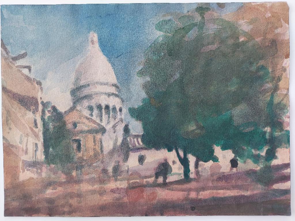 Sacre Coeur, Montmartre, Paris
by Maurice Mazeilie (French, 1924-2021)
watercolor painting on artist paper, unframed
unsigned
stamped verso
A boldly painted view with a tree in full summer foliage

painting: 12 inches x 9 inches

A