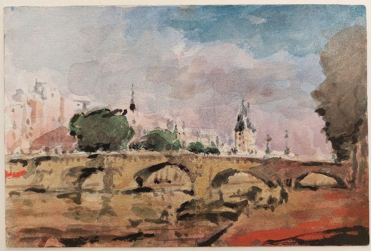 Paris bridge on River Seine
by Maurice Mazeilie (French, 1924-2021)
watercolor painting on artist paper, unframed
unsigned
stamped verso

painting: 7 inches x 10.5 inches

A delightful original painting by the 20th century French