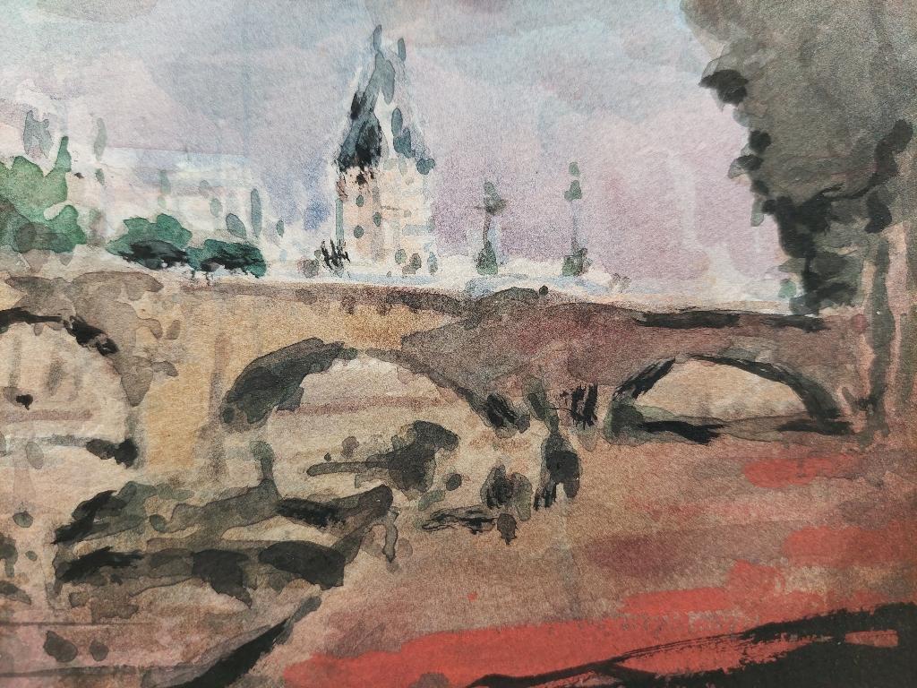 Peinture cubiste française de style moderniste représentant le pont de Paris sur la Seine Bon état - En vente à Cirencester, GB