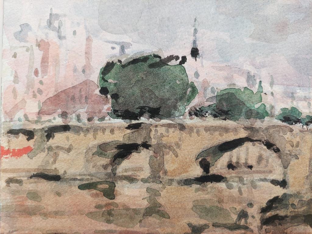 French Modernist Cubist Painting Paris Bridge on River Seine For Sale 2