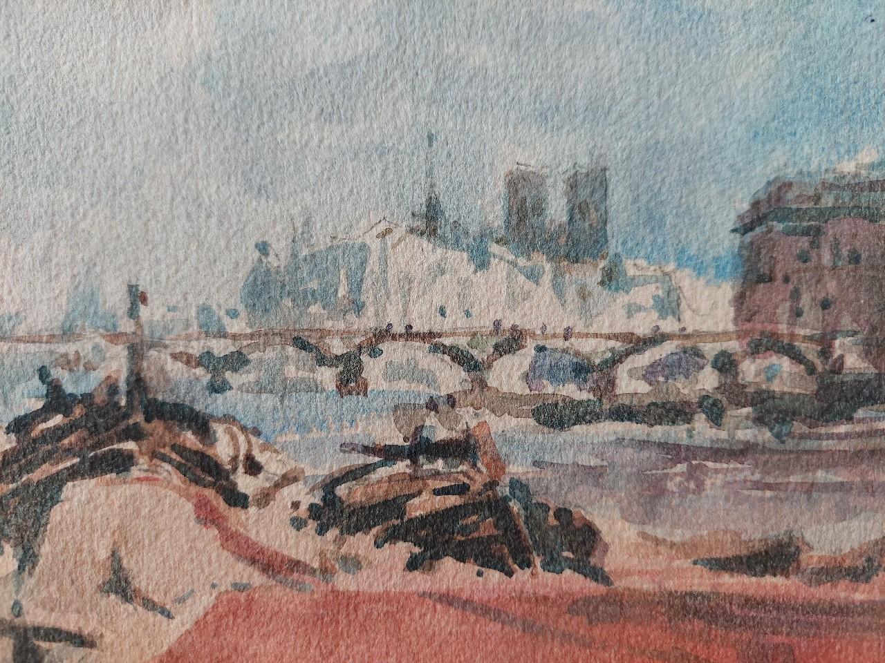 French Modernist Cubist Painting Paris River Seine Barges For Sale 1