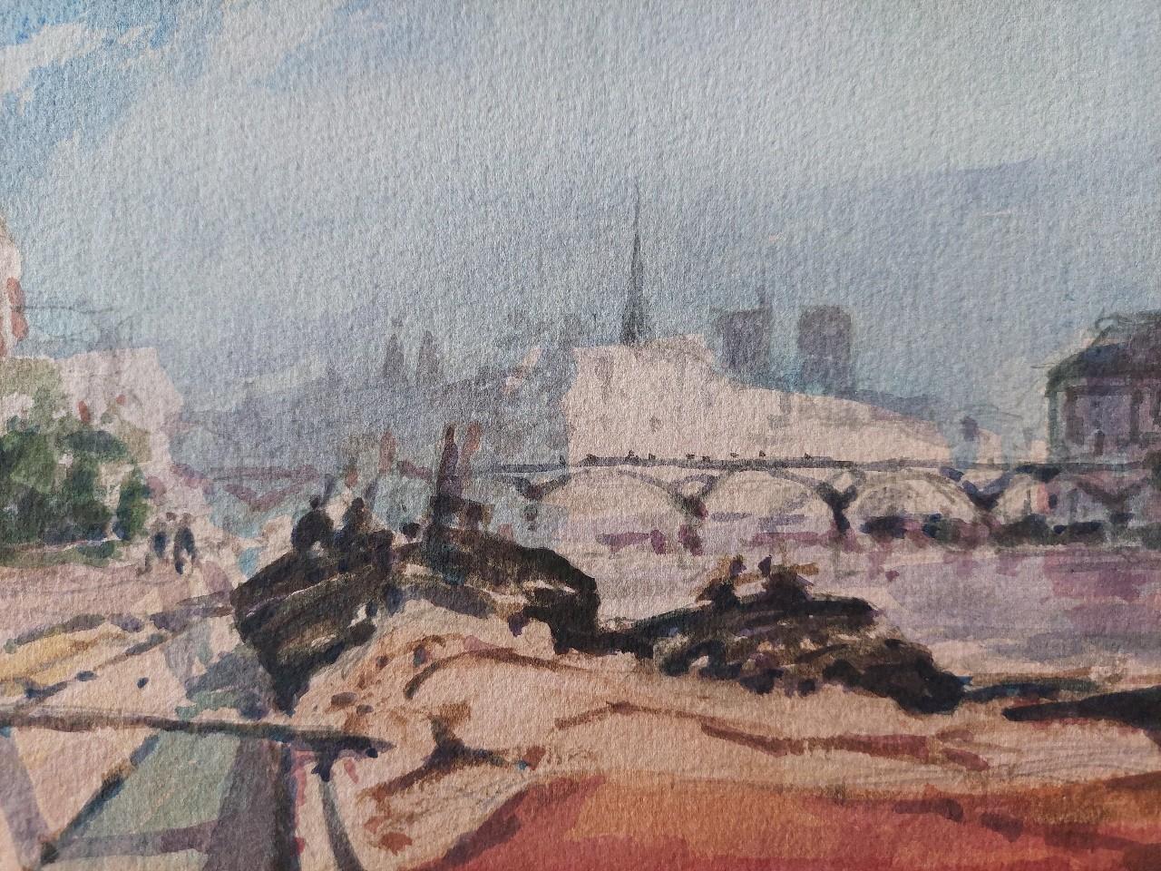Peinture cubiste française moderniste d'un panorama parisien de la Seine Bon état - En vente à Cirencester, GB