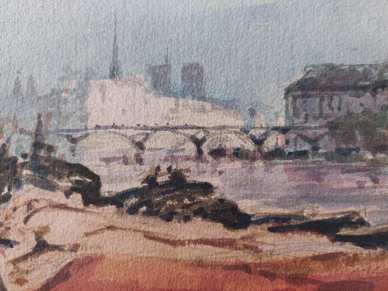 Peinture cubiste française moderniste d'un panorama parisien de la Seine en vente 1