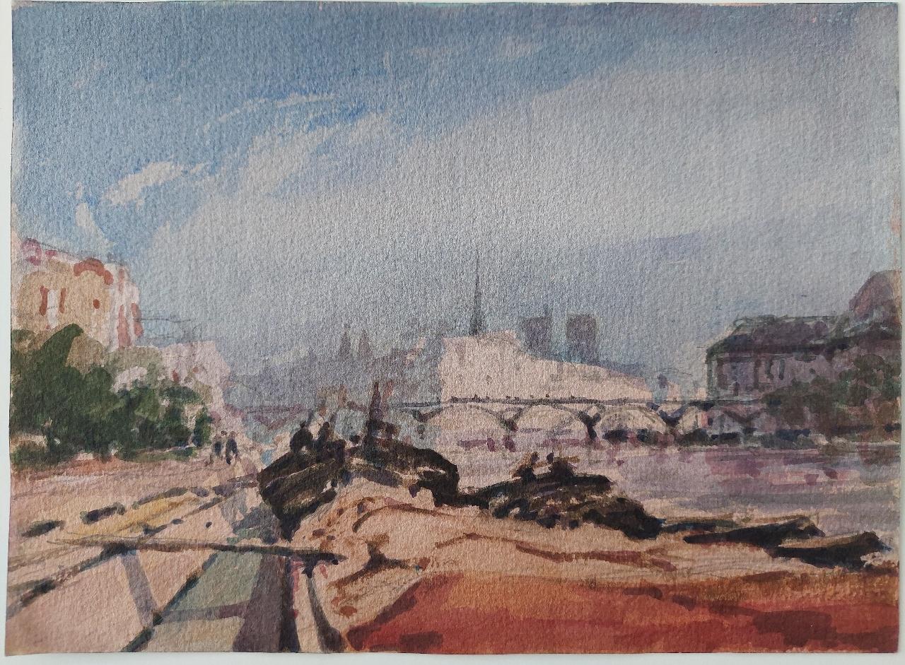 Peinture cubiste française moderniste d'un panorama parisien de la Seine en vente 3