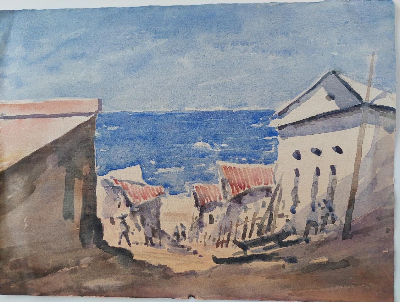 Path to the Beach
by Maurice Mazeilie (French, 1924-2021)
watercolor painting on artist paper, unframed
unsigned
stamped verso
A glorious summer scene of red roofed cottages lining a steep path down to the beach, with figures making their way