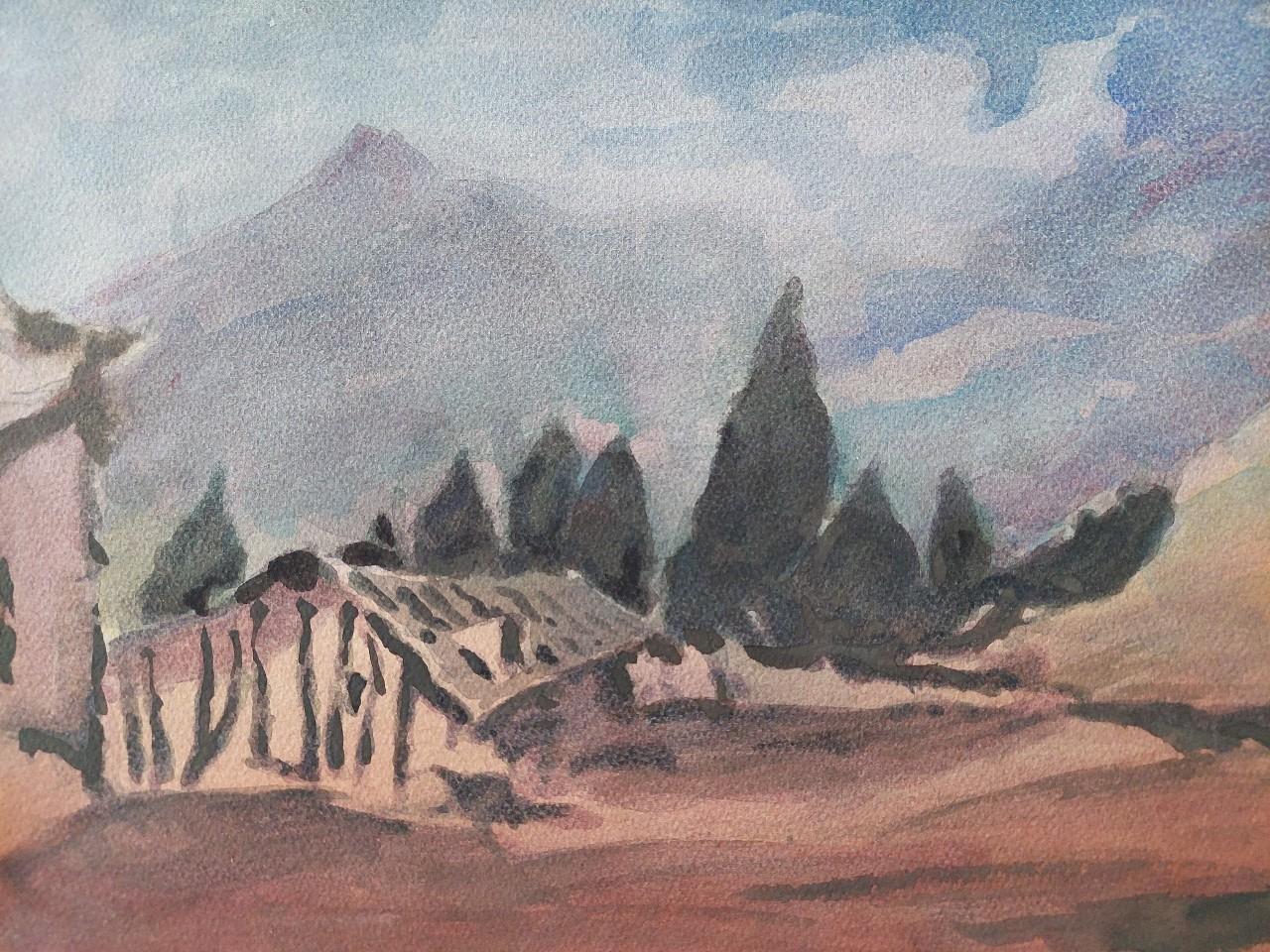 French Modernist Cubist Painting Provence Mountains In Good Condition For Sale In Cirencester, GB