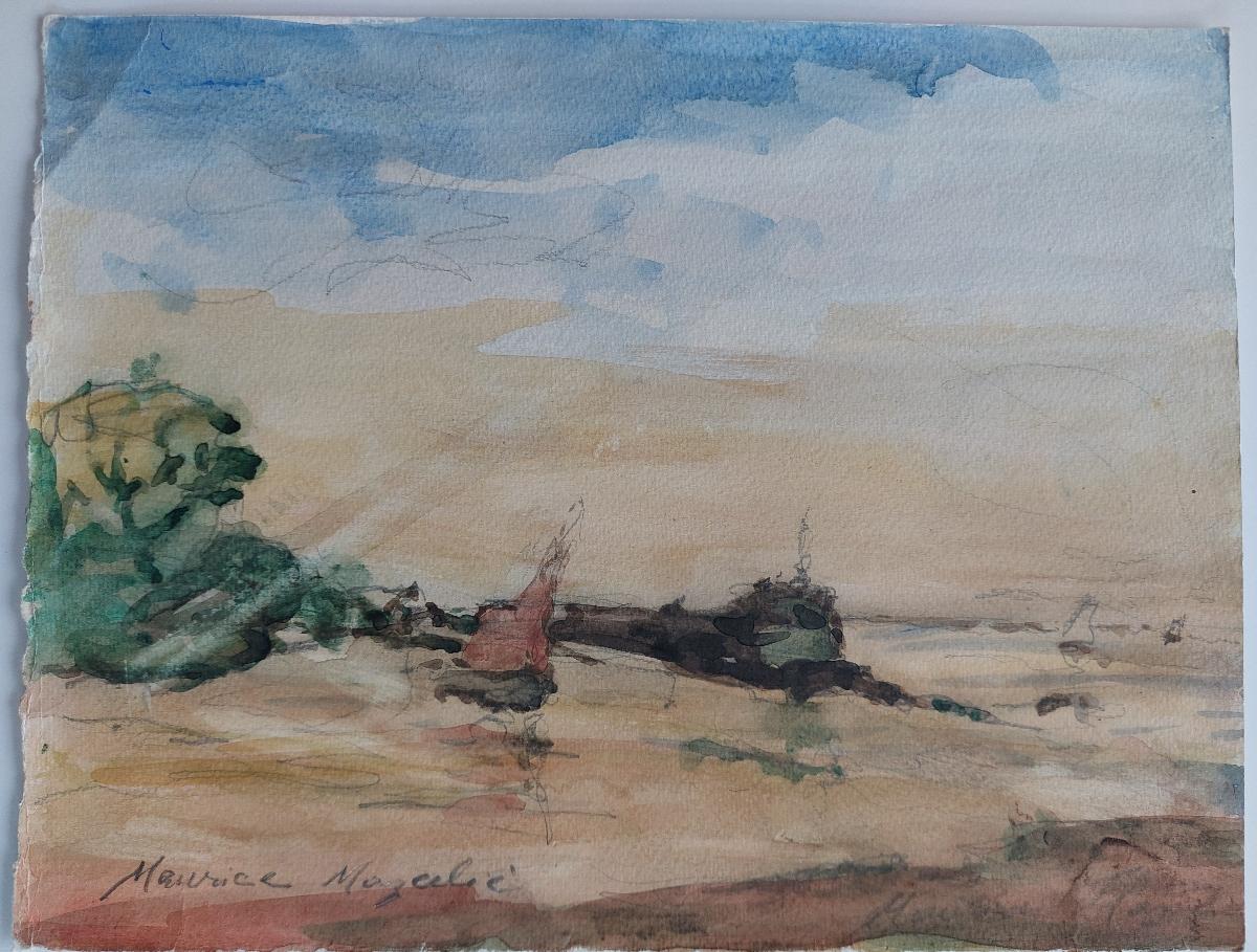 Red sail boat pulled up on the beach
by Maurice Mazeilie (French, 1924-2021)
watercolor painting on artist paper, unframed
signed lower left
stamped verso
A looser composition to much of this artist's work, but aesthetically very pleasing to