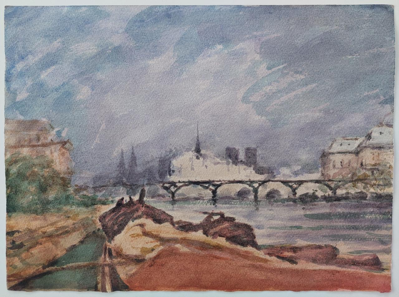 River Seine View, Paris
by Maurice Mazeilie (French, 1924-2021)
watercolor painting on artist paper, unframed
unsigned
stamped verso
A particularly well painted Parisian view by Mazeilie which will frame impressively.

Measures: Painting: