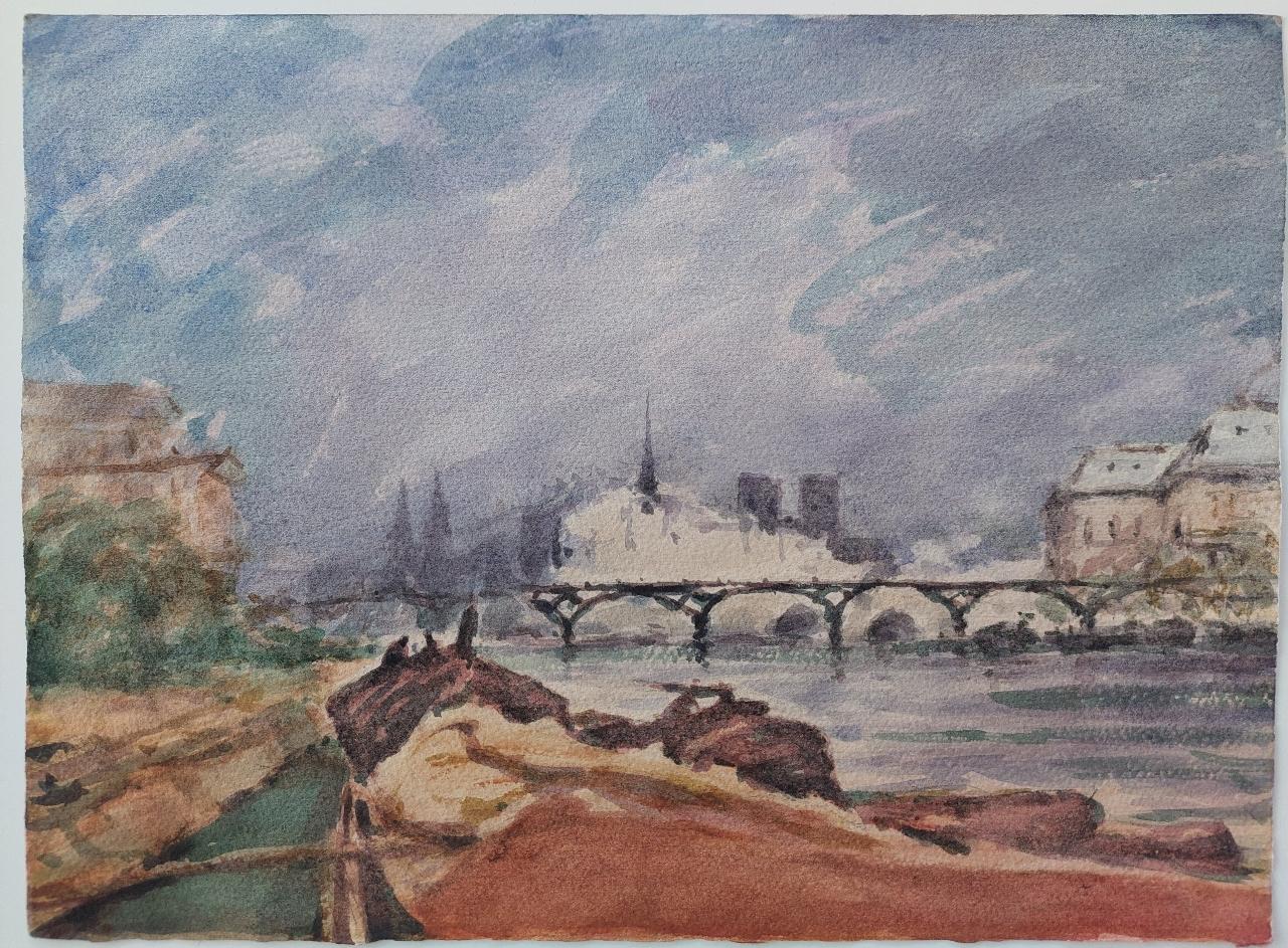 Peinture cubiste française moderniste de la rivière Seine Paris en vente 1