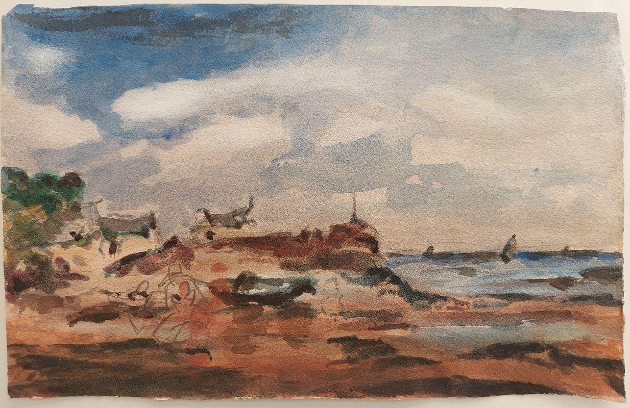 Rocky coastal vista
by Maurice Mazeilie (French, 1924-2021)
watercolor painting on artist paper, unframed
unsigned
stamped verso

painting: 12 inches x 19 inches (due to the uneven nature of the sheet this has been measured to exclude those