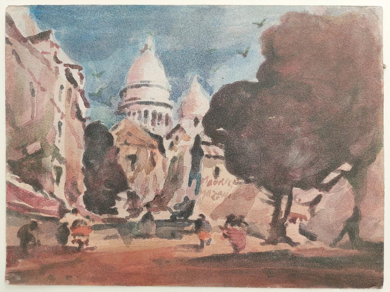 Sacre Coeur, Montmartre, Paris
by Maurice Mazeilie (French, 1924-2021)
watercolor painting on artist paper, unframed
signed centrally (on the side of the building)
stamped verso
dated verso for 2013, so this was painted at the tail end of his