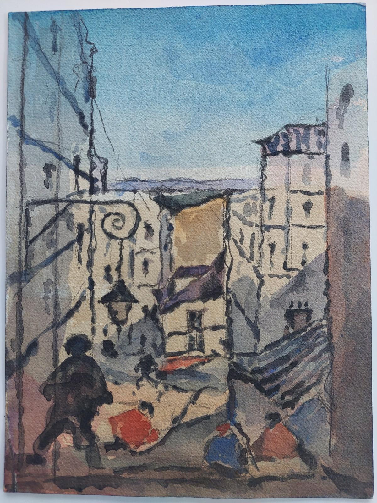 Steps Into The Town, steep stone steps lead figures down amongst town buildings.
by Maurice Mazeilie (French, 1924-2021)
watercolor painting on artist paper, unframed
unsigned to the front but signed verso
stamped verso
A strong and robust
