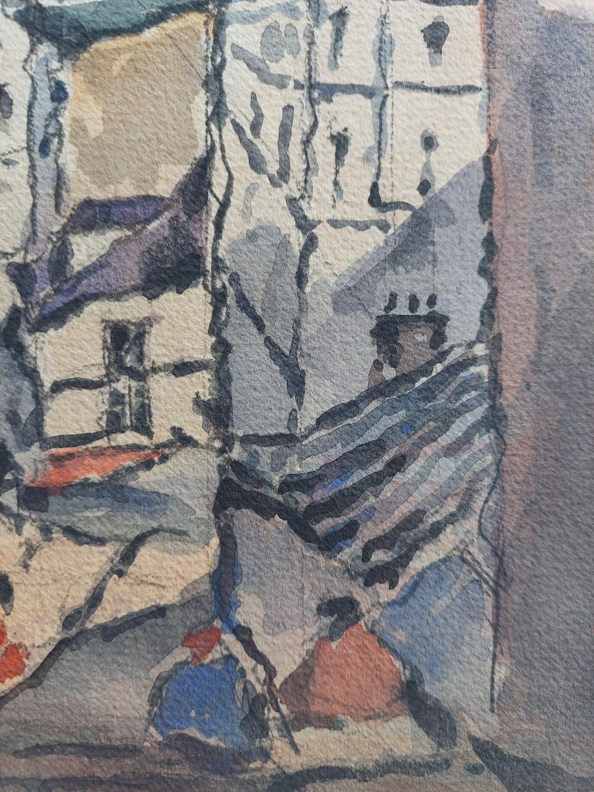 French Modernist Cubist Painting Steps into the Town In Good Condition For Sale In Cirencester, GB