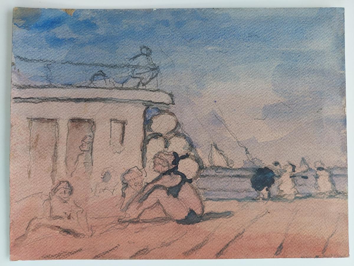 Raduno estivo in spiaggia
di Maurice Mazeilie (francese, 1924-2021)
acquerello su carta d'artista, senza cornice
senza segno
timbrato sul verso
L'uso del colore da parte di Mazeilie riflette davvero la foschia di calore in questa scena di