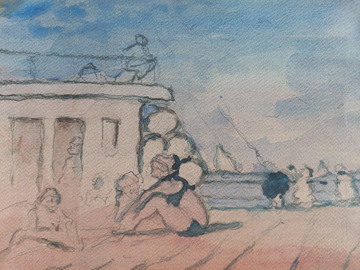 Francese Quadro cubista modernista francese Raduno estivo sulla spiaggia