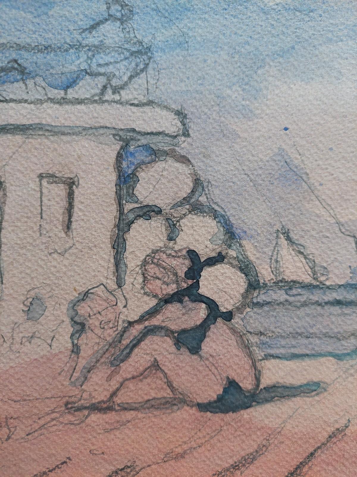 XX secolo Quadro cubista modernista francese Raduno estivo sulla spiaggia