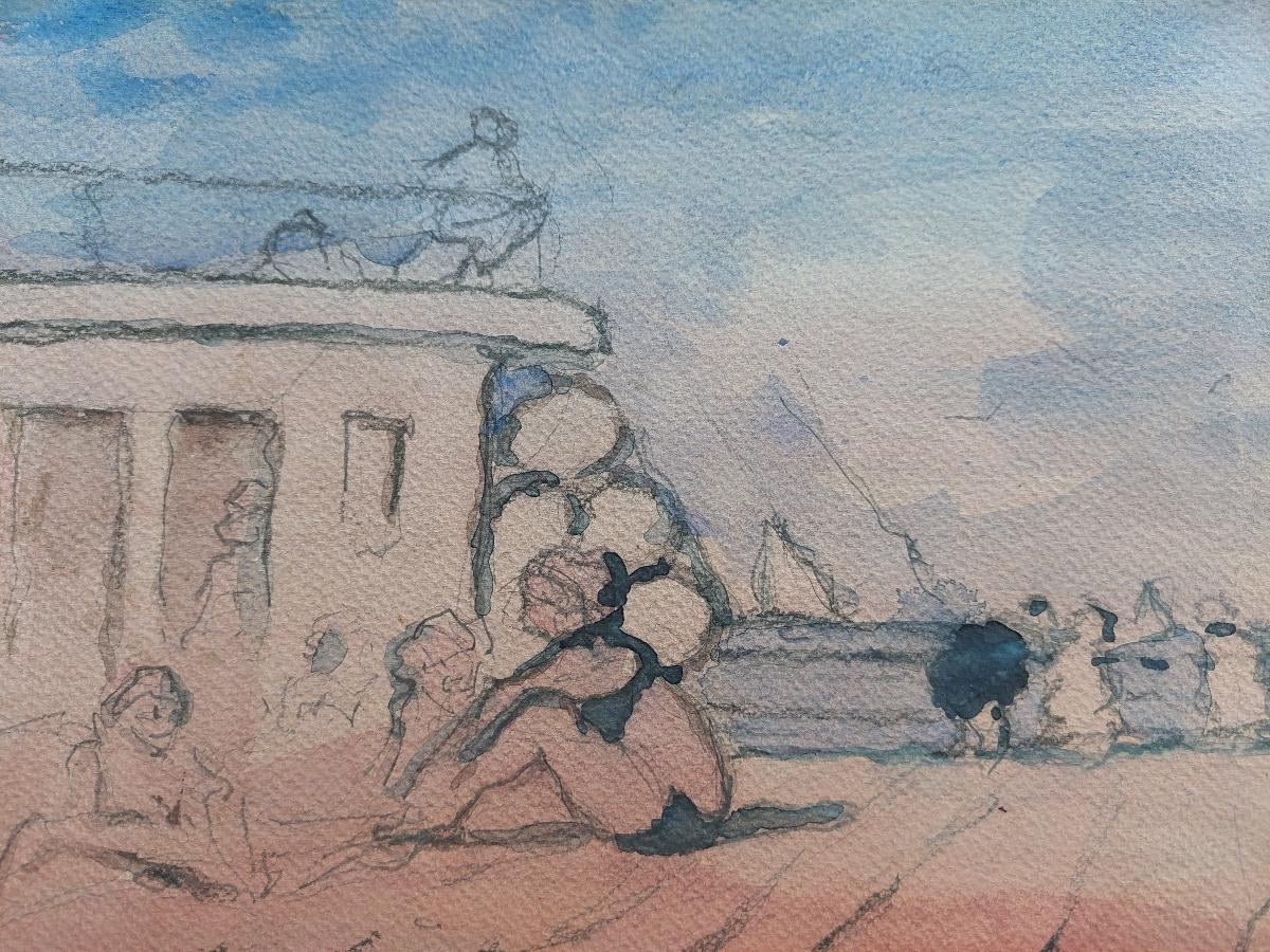 Quadro cubista modernista francese Raduno estivo sulla spiaggia 1