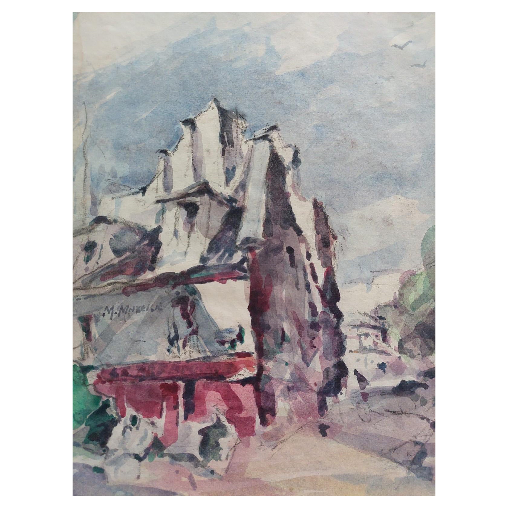 French Modernist Cubist Painting Town Scene