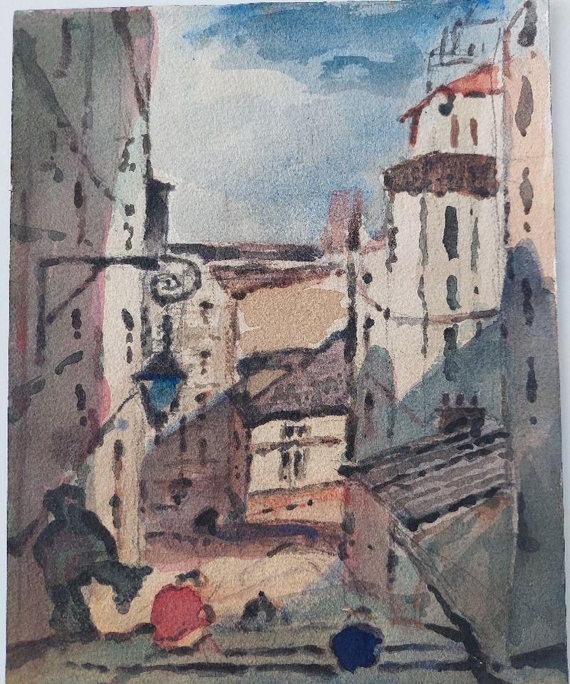 Town View to the sea, figures on steps.
by Maurice Mazeilie (French, 1924-2021).
watercolor painting on artist paper, unframed.
Unsigned
Stamped verso

Painting: 9 inches x 12 inches.

A delightful original painting by the 20th century