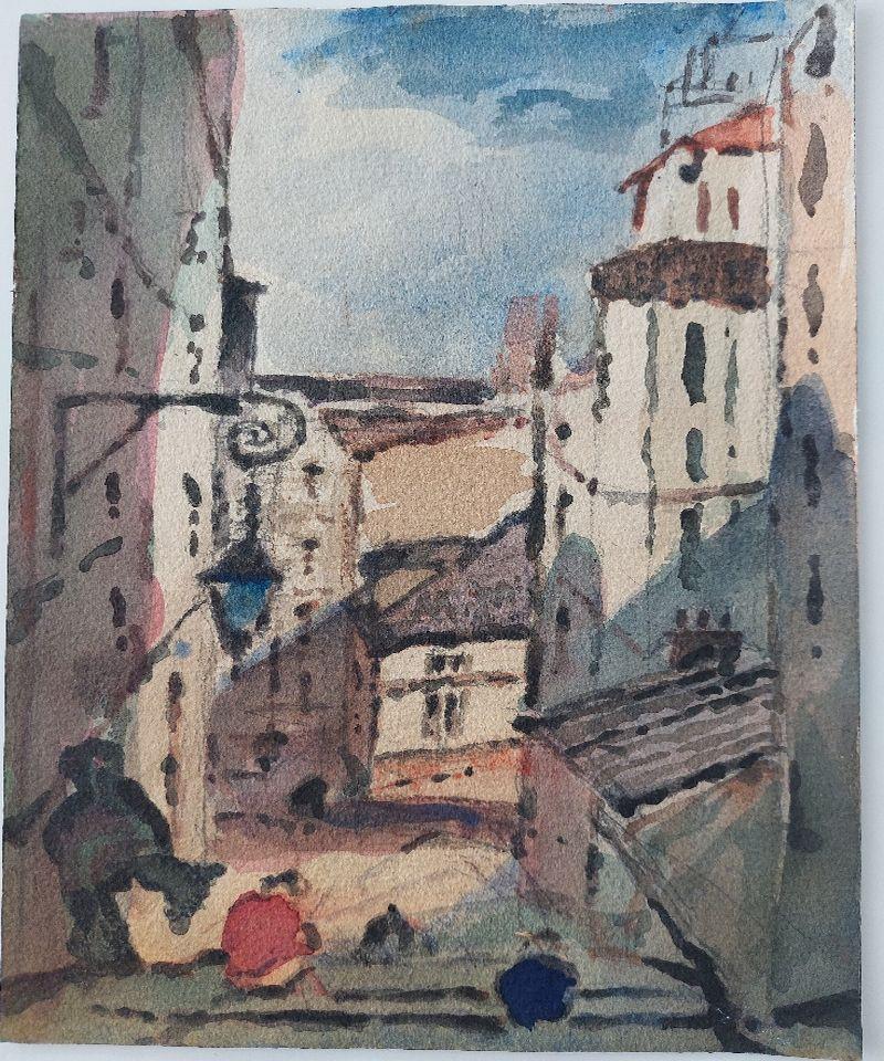 20ième siècle Peinture cubiste française moderniste d'une vue de ville sur la mer en vente