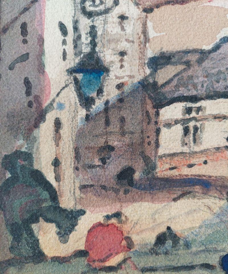 Peinture cubiste française moderniste d'une vue de ville sur la mer en vente 1