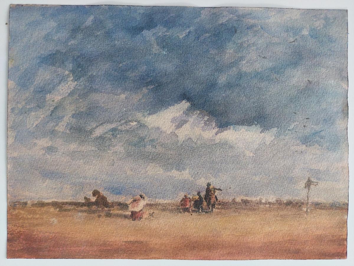 Travellers on a path
by Maurice Mazeilie (French, 1924-2021)
watercolor painting on artist paper, unframed
unsigned
stamped verso
Easy on the eye painting of figures on a path, a signpost is seen to the right of the image. 

painting: 12