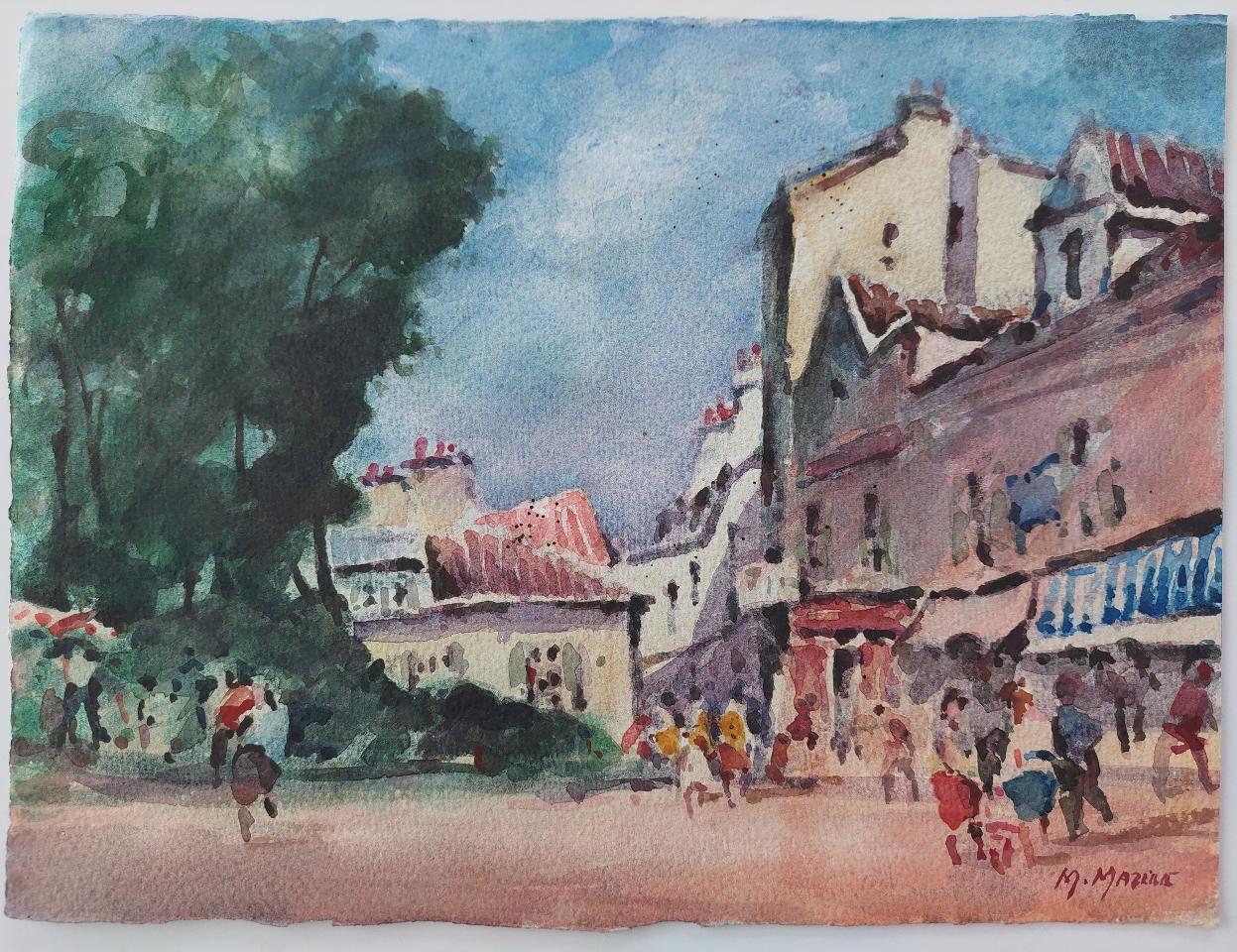 Vibrant street scene
by Maurice Mazeilie (French, 1924-2021)
watercolor painting on artist paper, unframed
signed lower right
stamped verso
A robustly coloured and lively scene of a busy shopping street. This is a view we have seen a few