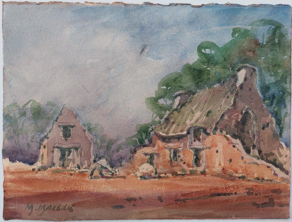 Village work
by Maurice Mazeilie (French, 1924-2021)
watercolor painting on artist paper, unframed
signed lower left
stamped verso
A figure works on the land by traditional village buildings

painting: 14.75 inches x 10.75 inches

A