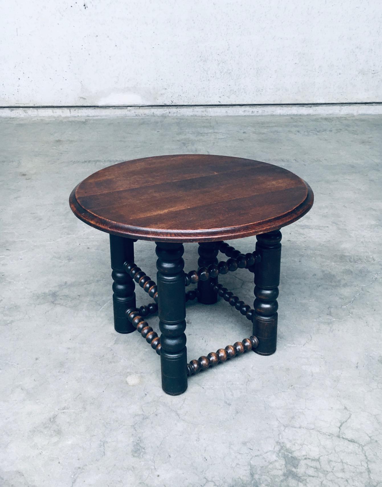 Vintage French Rare Arts & Crafts Modernist Design Side Table by Charles Dudouyt. Made in France, 1930's period. Dark stained elm wood constructed small round side table. 4 turned legs with bobbin turned cross spindles. Well executed and designed