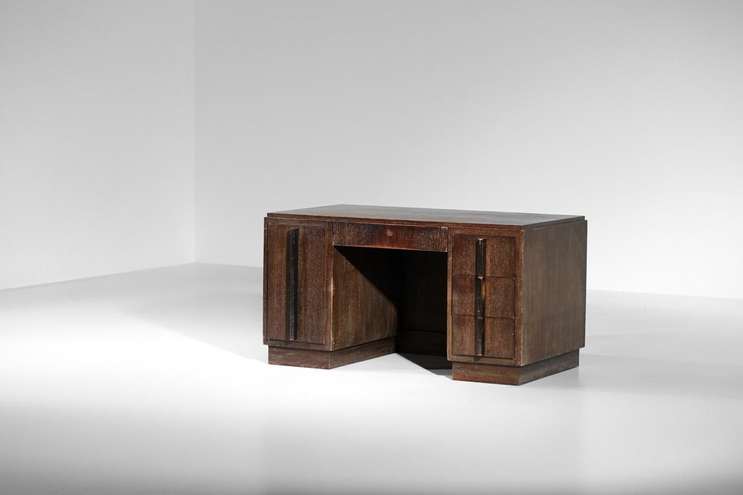 Post-Modern French modernist desk in solid oak ceruse from the 40's style Jacques adnet For Sale