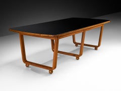 French Modernist Dining Table in Walnut and Black Glass