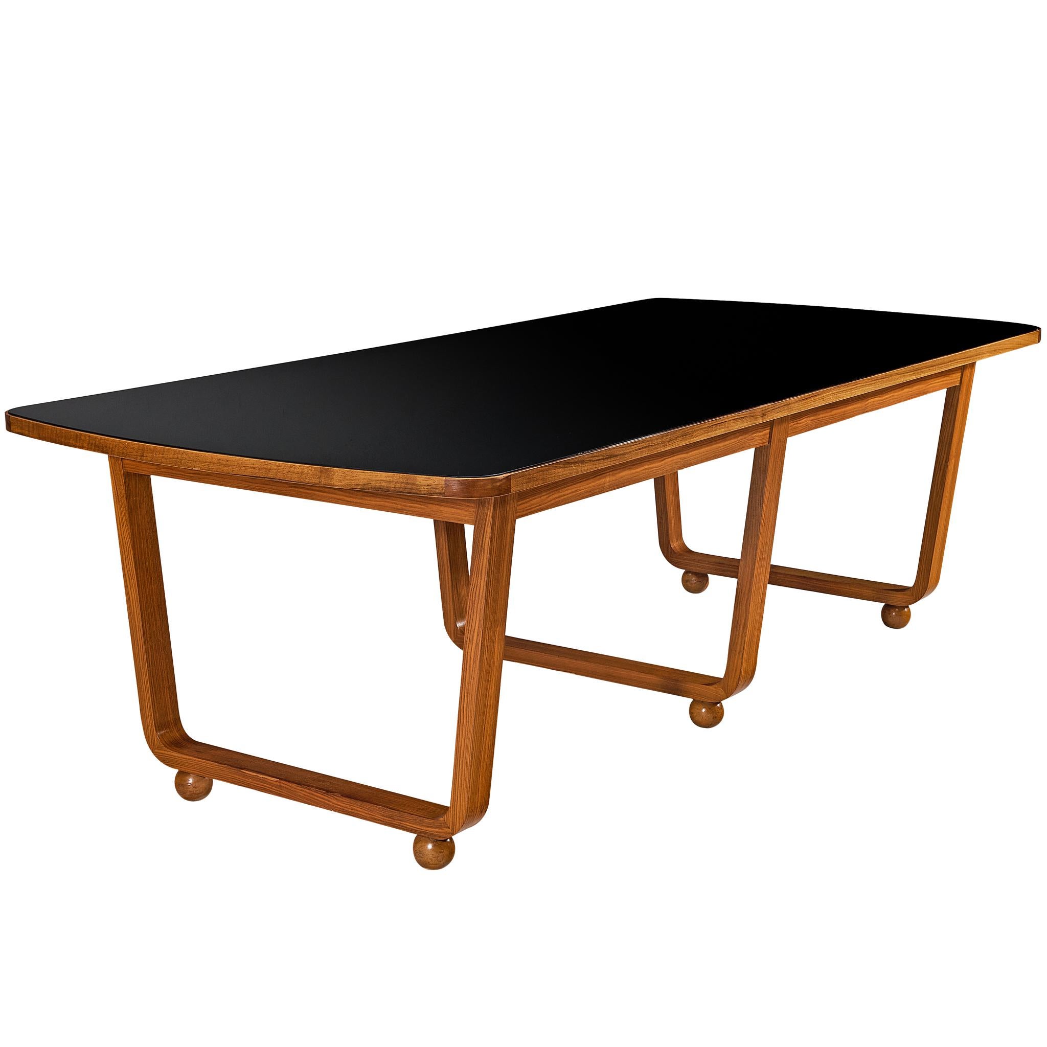 French Modernist Dining Table in Walnut and Black Glass