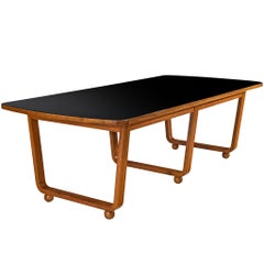French Modernist Dining Table in Walnut and Black Glass