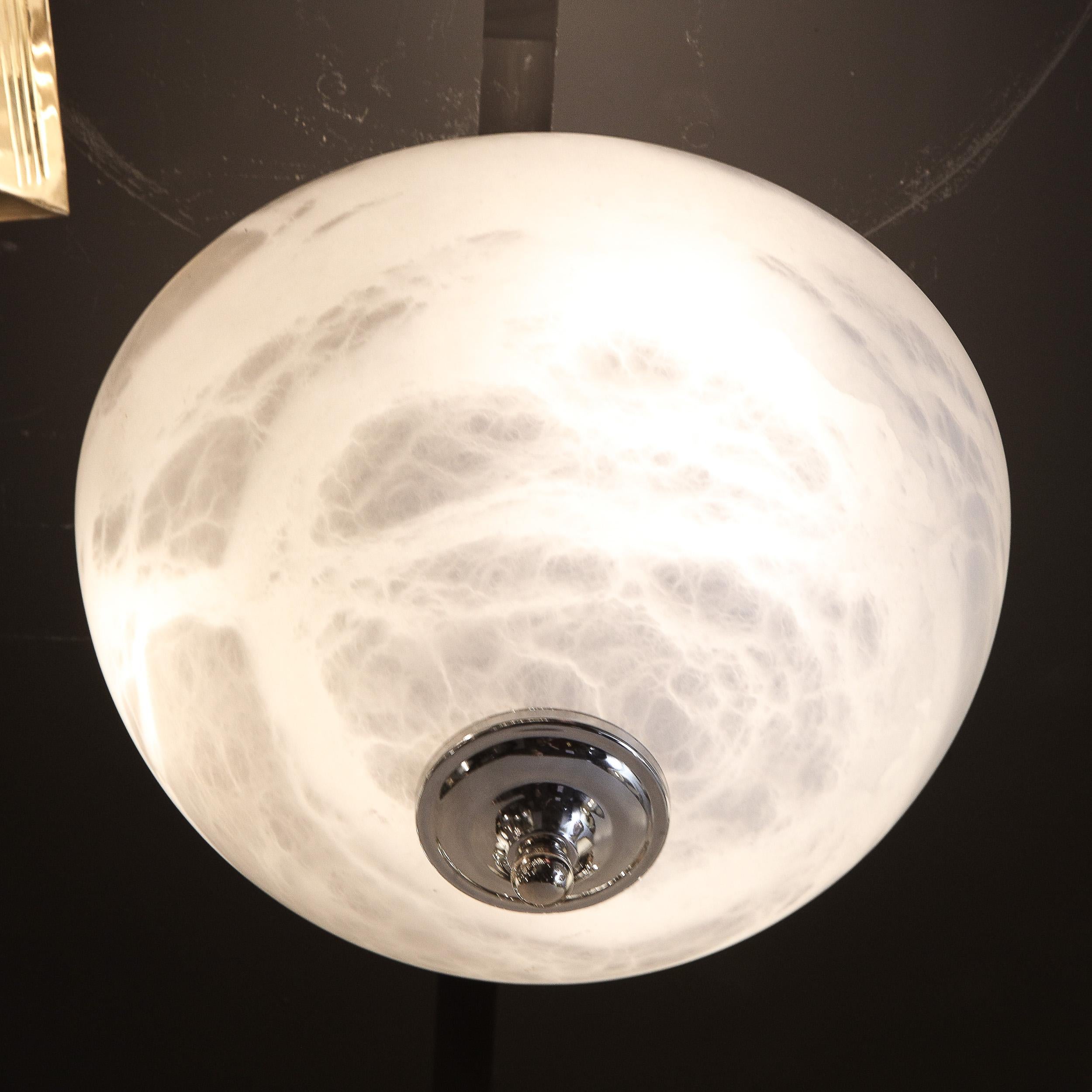 French Modernist Domed Alabaster and Polished Chrome Flush Mount Chandelier In Excellent Condition For Sale In New York, NY