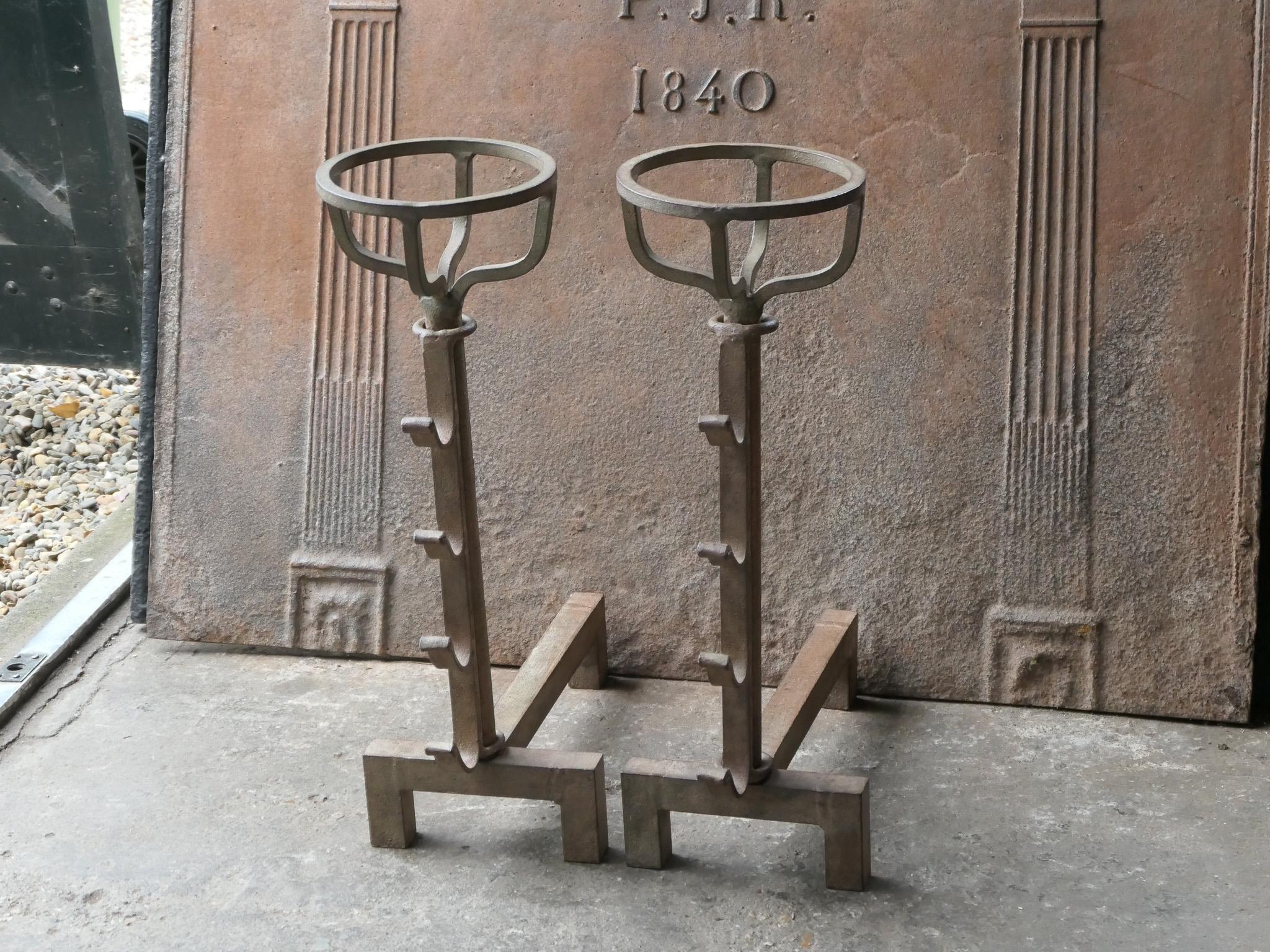 Wrought Iron French Modernist Firedogs or Andirons, 20th Century For Sale