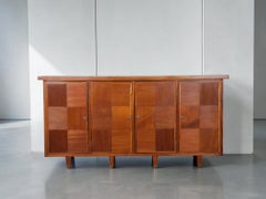 French Modernist Four-Door Sideboard, Walnut Checkerboard Front, 1940s
