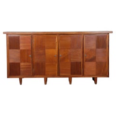 French Modernist Four-Door Sideboard, Walnut Checkerboard Front, 1940s