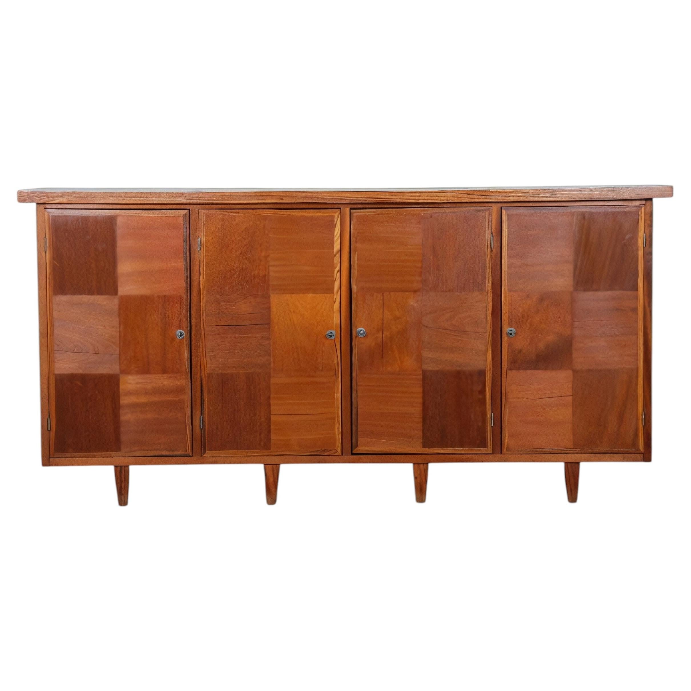 French Modernist Four-Door Sideboard, Walnut Checkerboard Front, 1940s