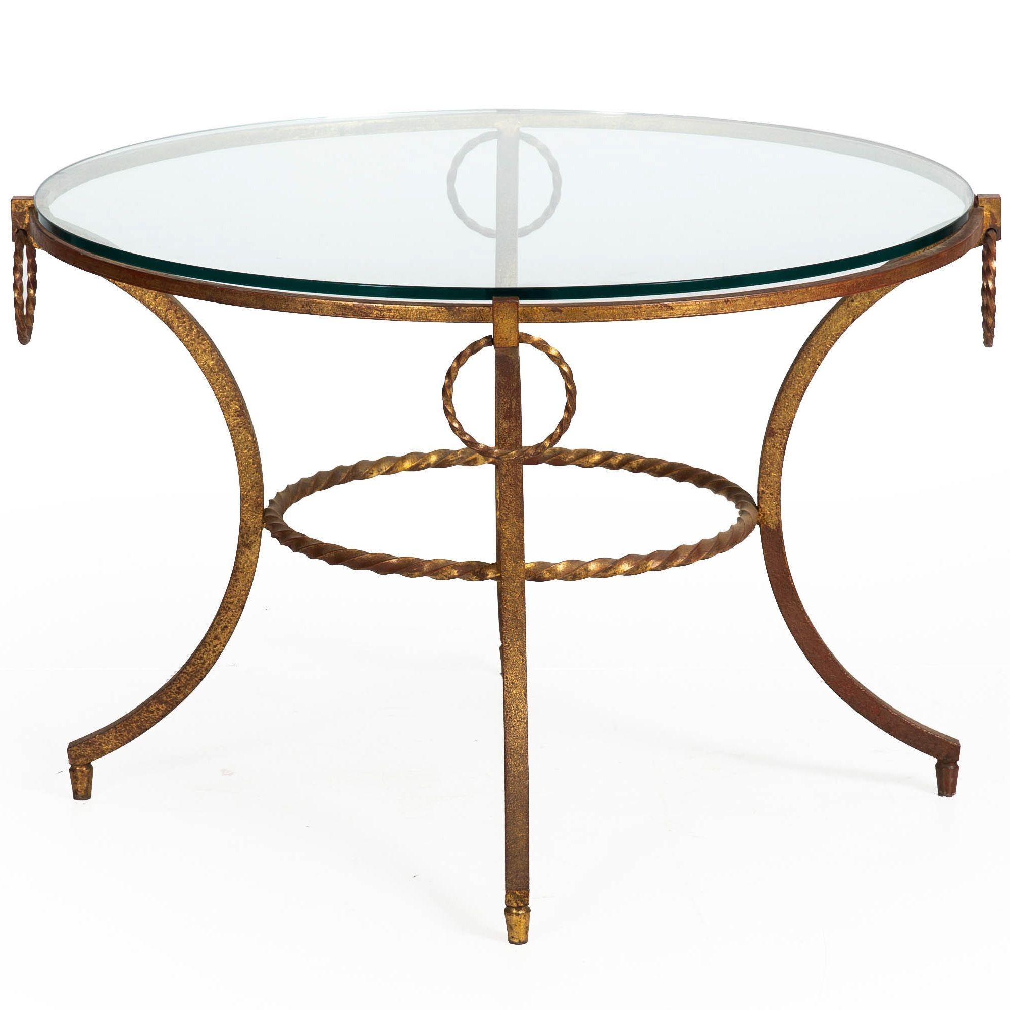 Gilt French Modernist Gilded Wrought-Iron & Glass Coffee Accent Table ca. 1950s For Sale